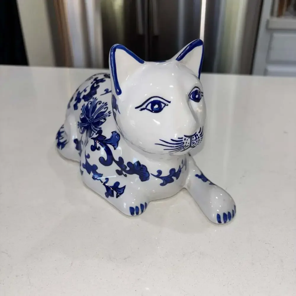 Vintage Blue and White Porcelain Chinoiserie Cat Figurine
